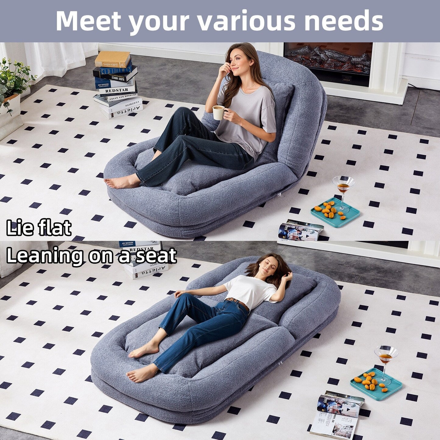 Fauteuil pliant avec 5 positions réglables, fauteuil de sol moelleux pour jeux, méditation et détente