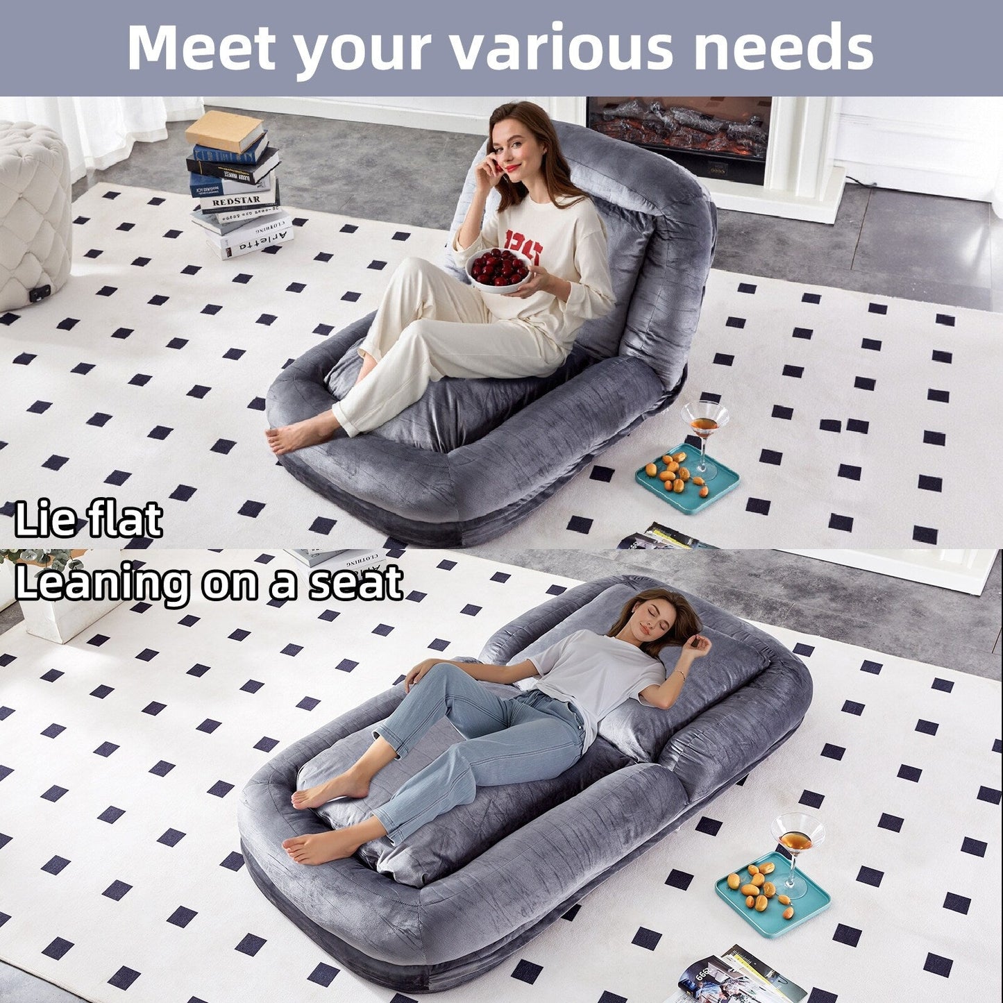 Fauteuil pliant avec 5 positions réglables, fauteuil de sol moelleux pour jeux, méditation et détente