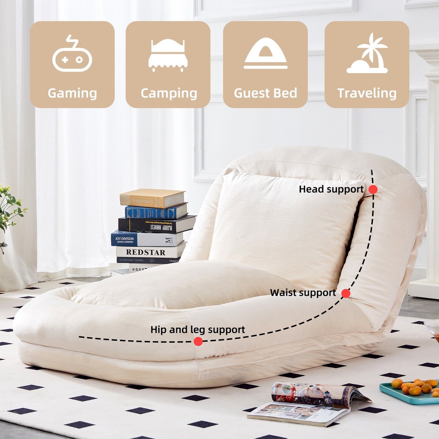 Fauteuil pliant avec 5 positions réglables, fauteuil de sol moelleux pour jeux, méditation et détente
