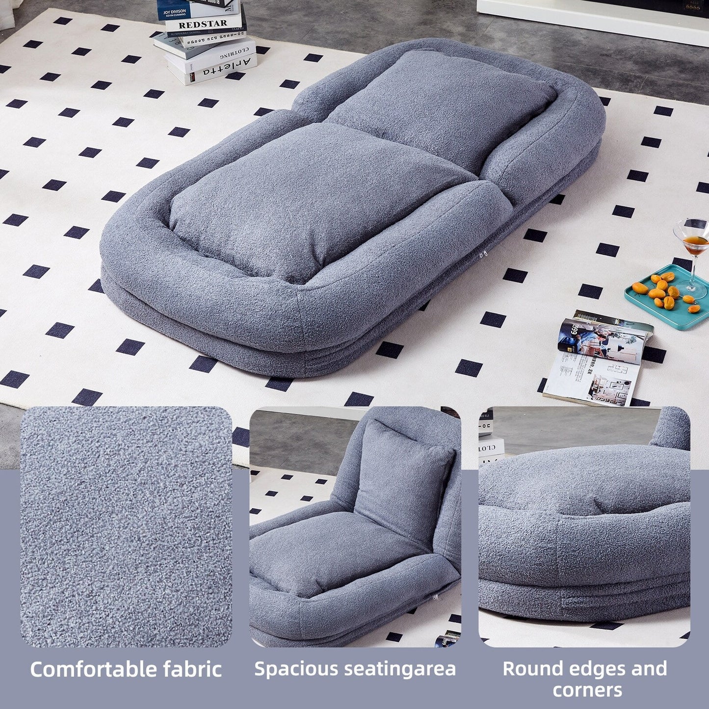 Fauteuil pliant avec 5 positions réglables, fauteuil de sol moelleux pour jeux, méditation et détente