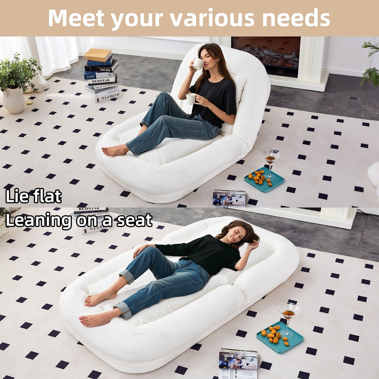 Fauteuil pliant avec 5 positions réglables, fauteuil de sol moelleux pour jeux, méditation et détente