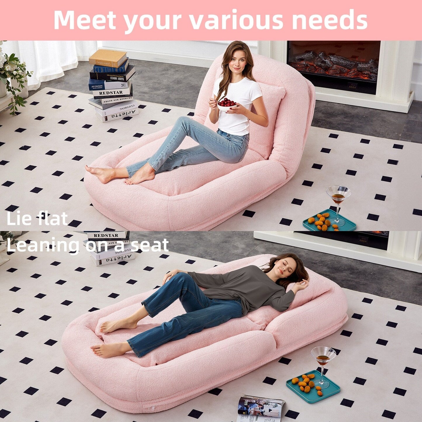 Fauteuil pliant avec 5 positions réglables, fauteuil de sol moelleux pour jeux, méditation et détente