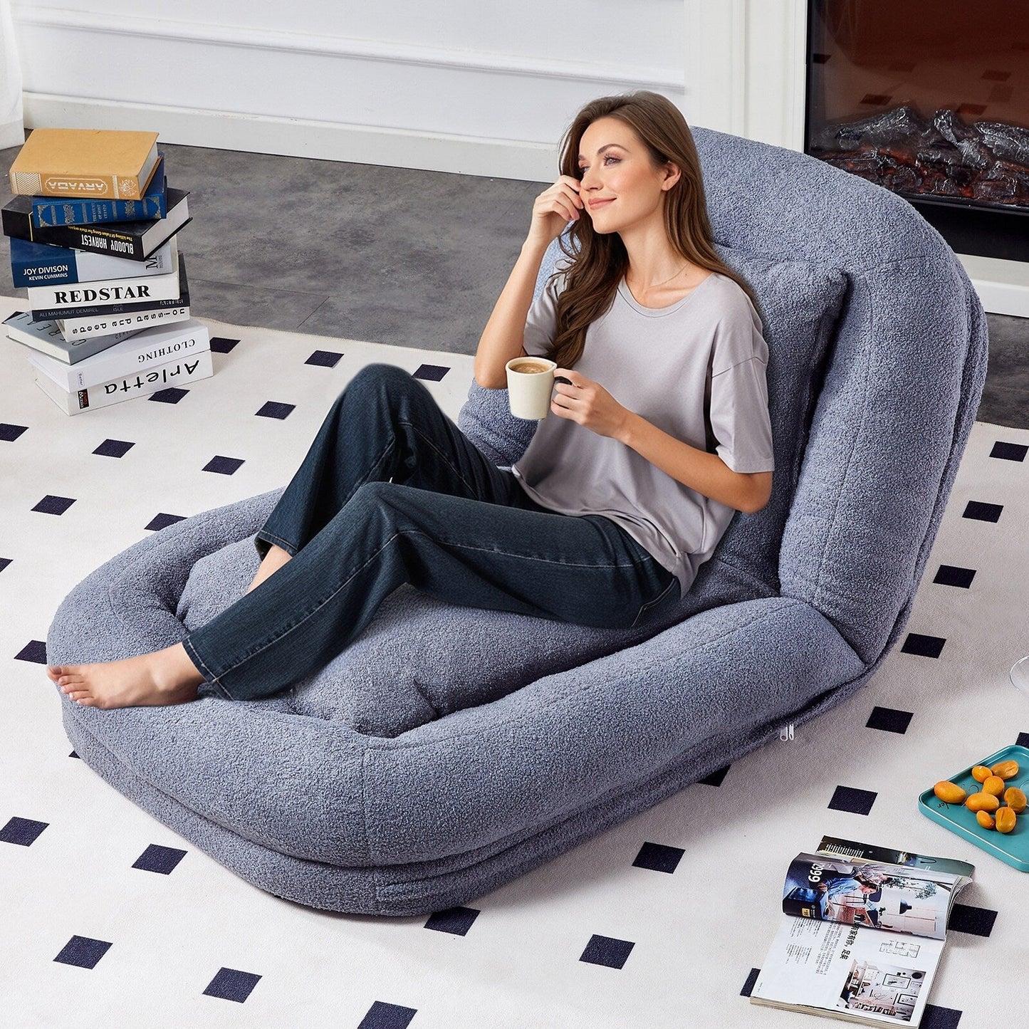 Fauteuil pliant avec 5 positions réglables, fauteuil de sol moelleux pour jeux, méditation et détente