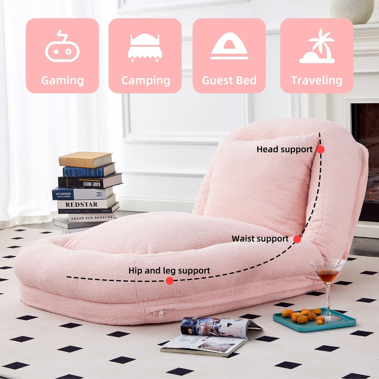 Fauteuil pliant avec 5 positions réglables, fauteuil de sol moelleux pour jeux, méditation et détente