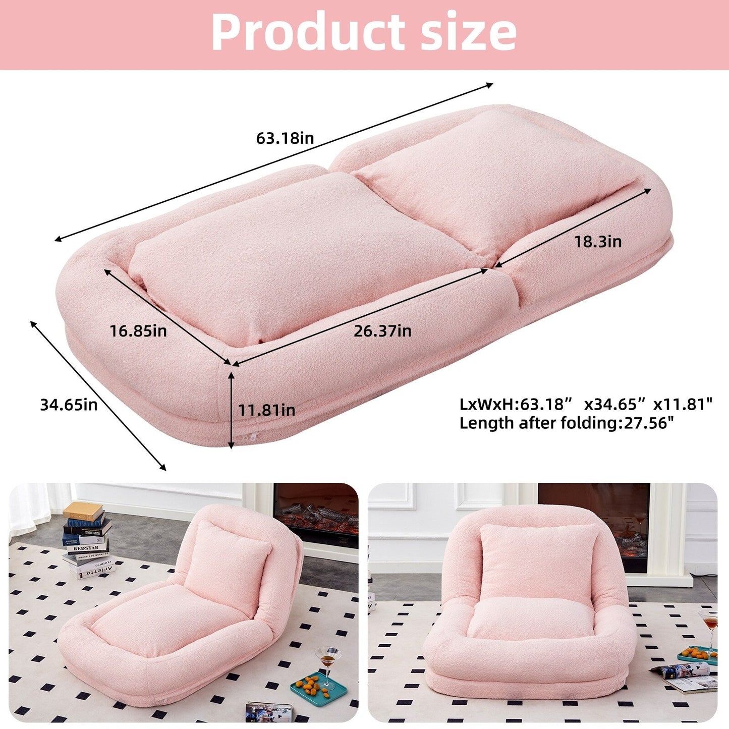 Fauteuil pliant avec 5 positions réglables, fauteuil de sol moelleux pour jeux, méditation et détente