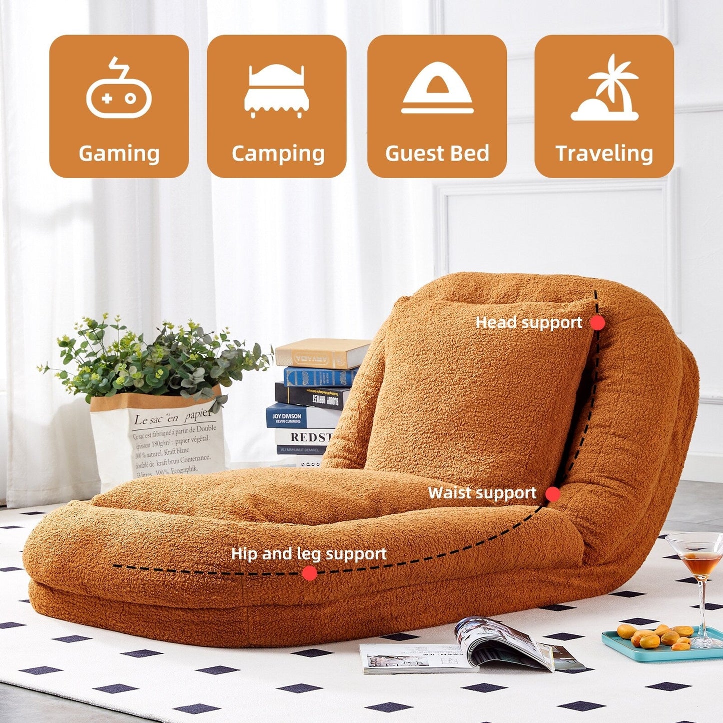 Fauteuil pliant avec 5 positions réglables, fauteuil de sol moelleux pour jeux, méditation et détente