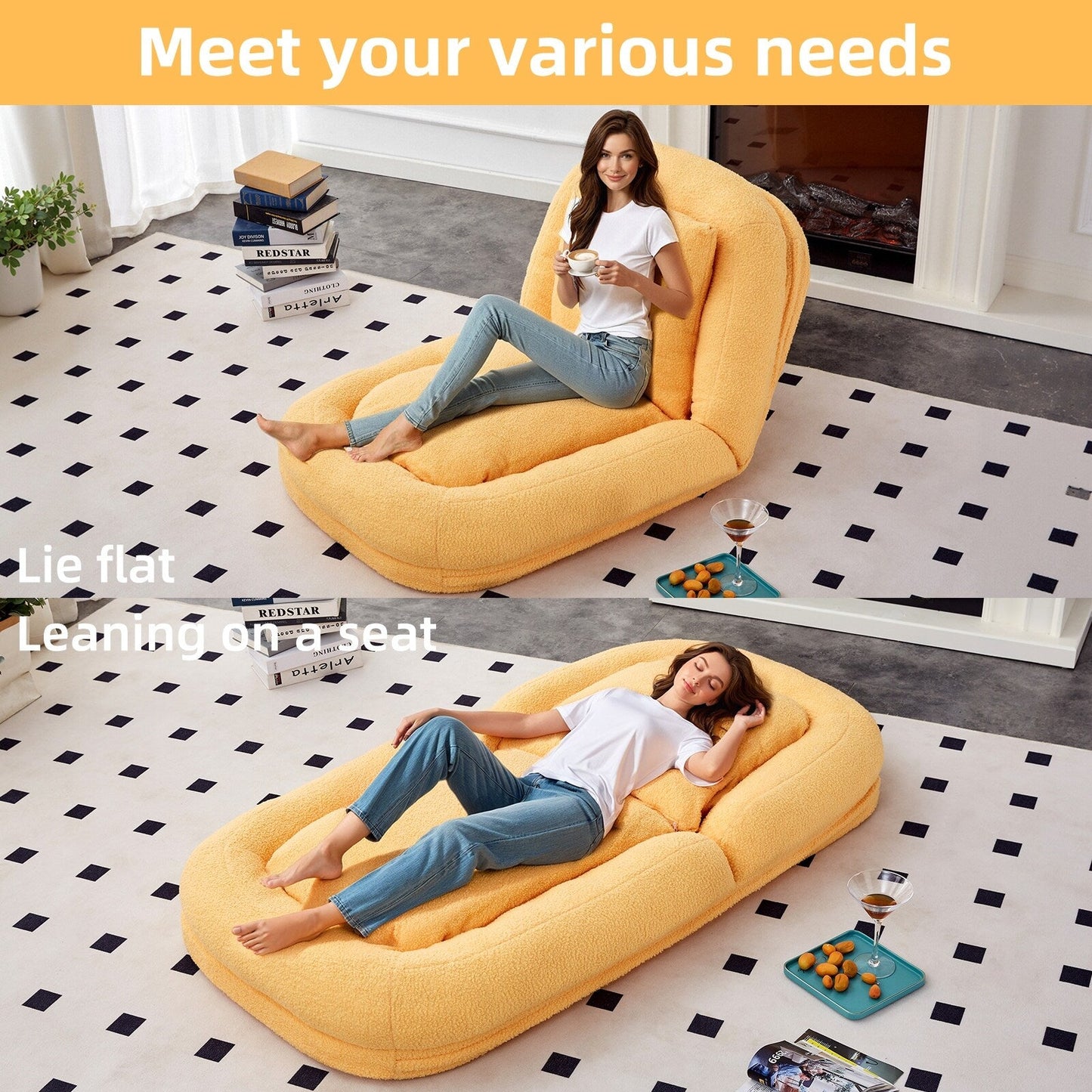 Fauteuil pliant avec 5 positions réglables, fauteuil de sol moelleux pour jeux, méditation et détente