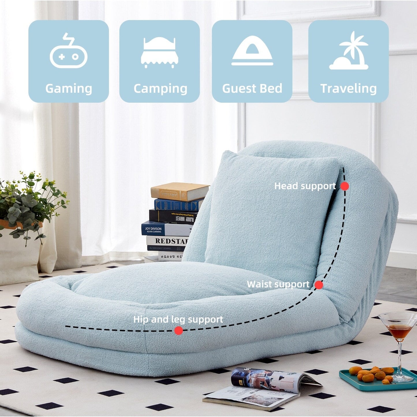 Fauteuil pliant avec 5 positions réglables, fauteuil de sol moelleux pour jeux, méditation et détente