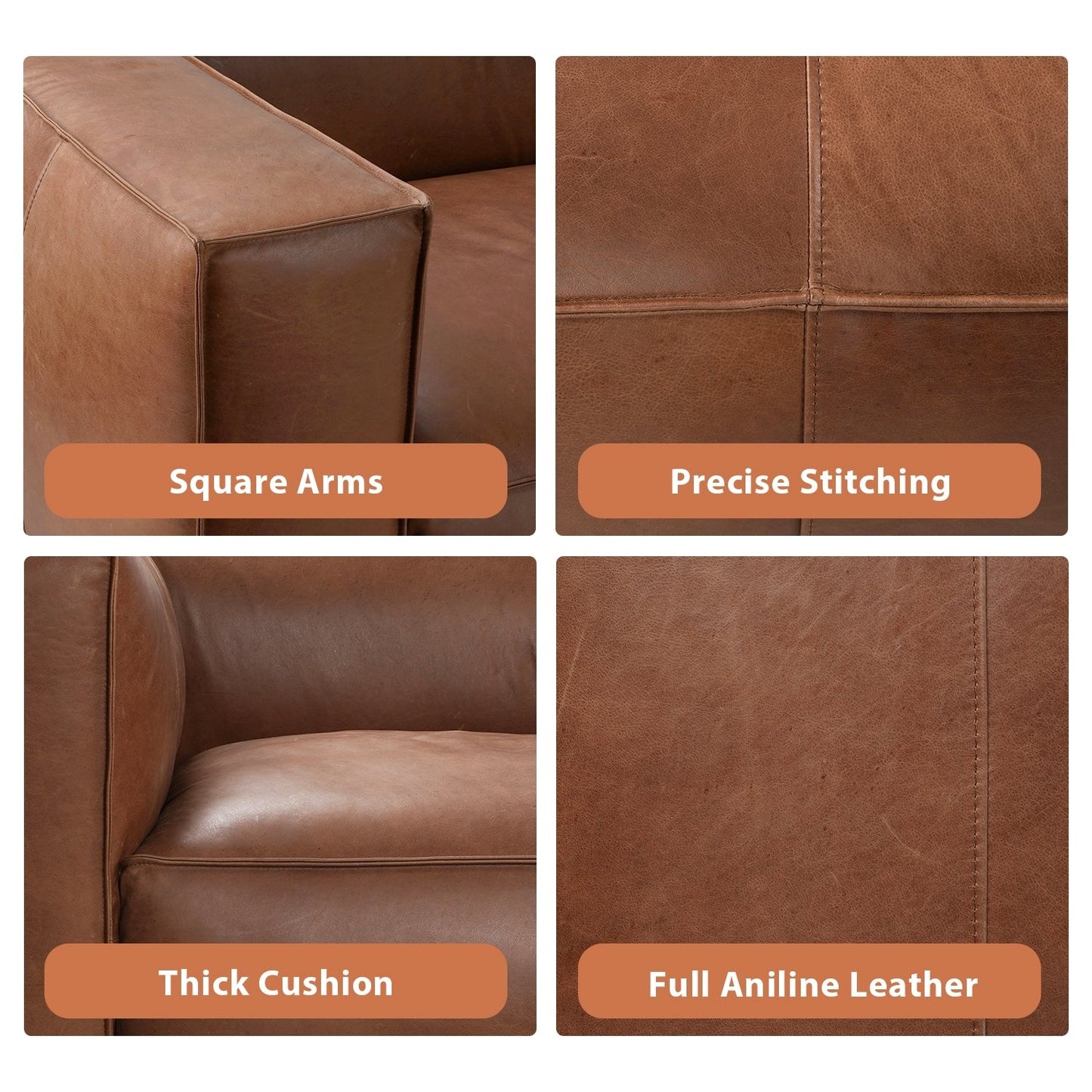 Canapé de salon UR en cuir aniline, canapé moderne en cuir véritable pour salon - 100 L x 43 P x 26,25 H