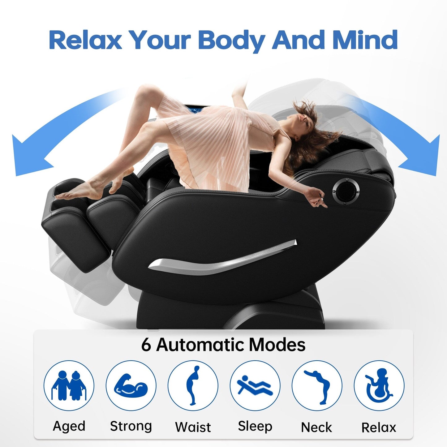 Fauteuil de massage complet inclinable à gravité zéro avec airbags, thermothérapie et haut-parleurs Hi-Fi, commande par écran tactile LCD