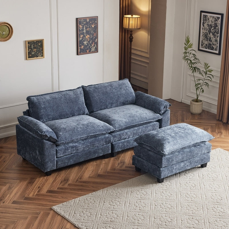 Canapé KD double coussin en chenille avec pouf