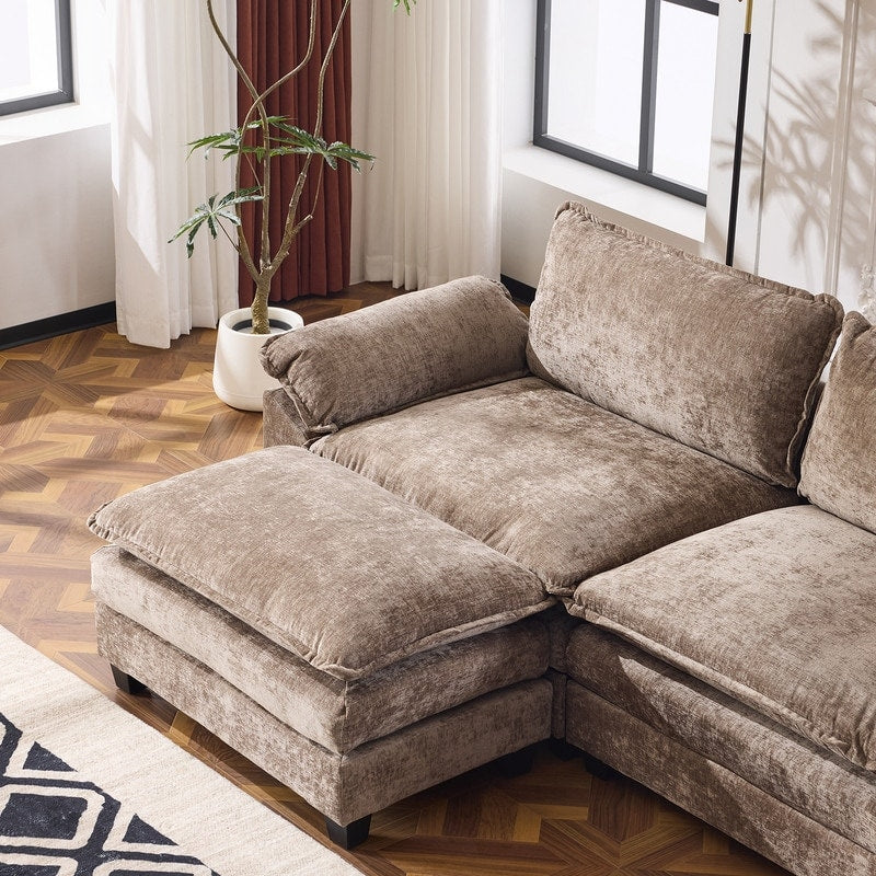 Canapé KD double coussin en chenille avec pouf