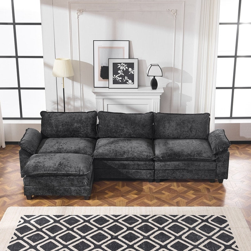 Canapé KD double coussin en chenille avec pouf