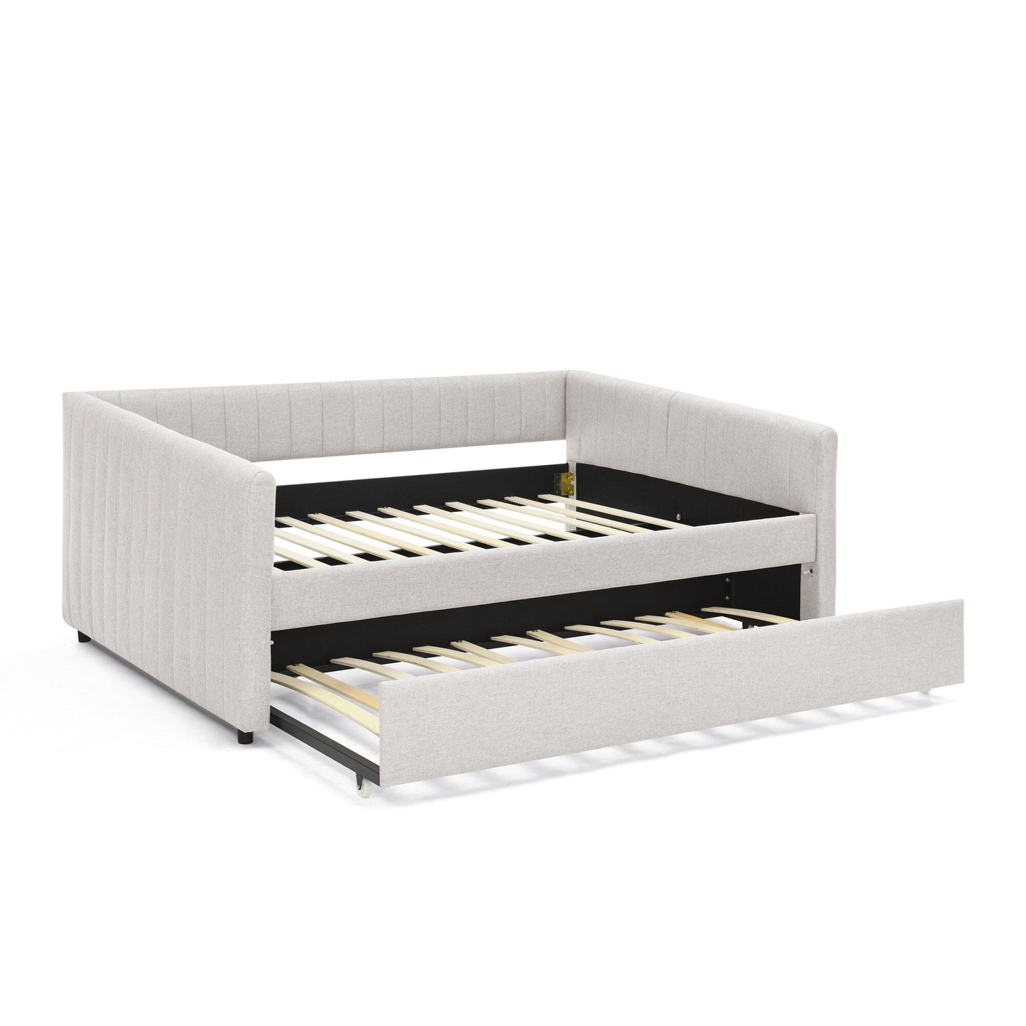 Lit de repos double avec canapé-lit gigogne rembourré, rayures verticales, tissu en lin, beige (82,5 x 58 x 30)