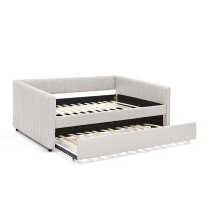 Lit de repos double avec canapé-lit gigogne rembourré, rayures verticales, tissu en lin, beige (82,5 x 58 x 30)