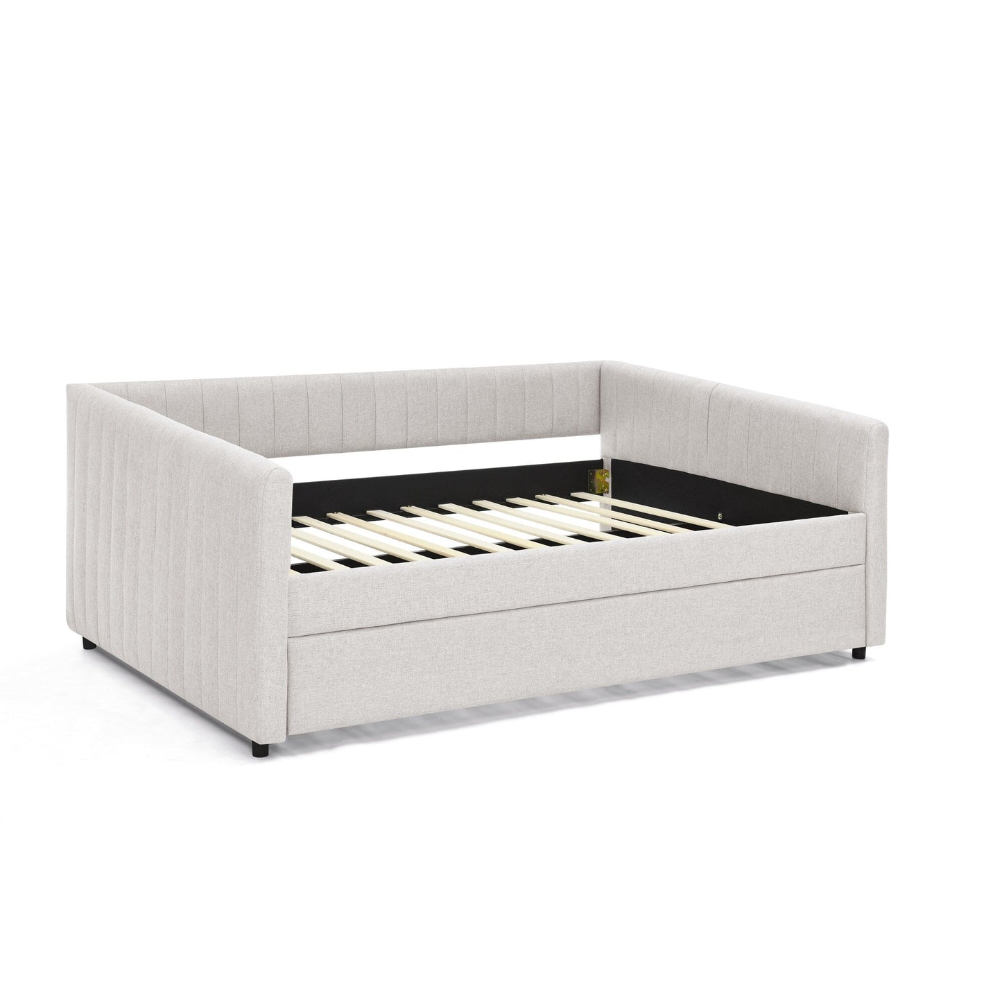 Lit de repos double avec canapé-lit gigogne rembourré, rayures verticales, tissu en lin, beige (82,5 x 58 x 30)