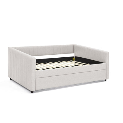 Lit de repos double avec canapé-lit gigogne rembourré, rayures verticales, tissu en lin, beige (82,5 x 58 x 30)