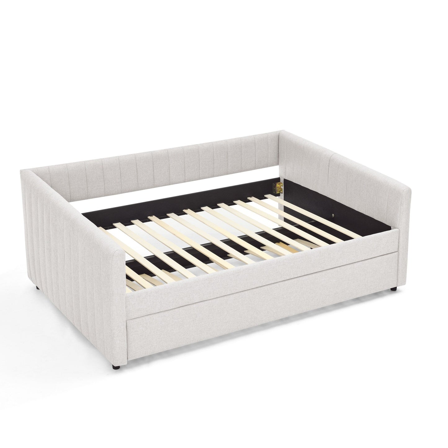 Lit de repos double avec canapé-lit gigogne rembourré, rayures verticales, tissu en lin, beige (82,5 x 58 x 30)