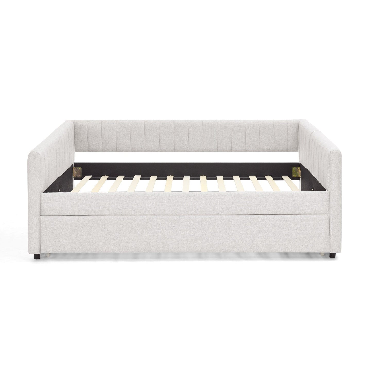 Lit de repos double avec canapé-lit gigogne rembourré, rayures verticales, tissu en lin, beige (82,5 x 58 x 30)