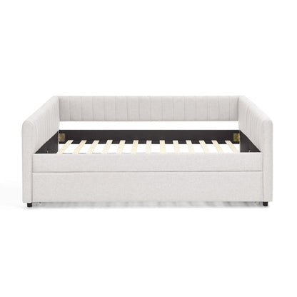 Lit de repos double avec canapé-lit gigogne rembourré, rayures verticales, tissu en lin, beige (82,5 x 58 x 30)