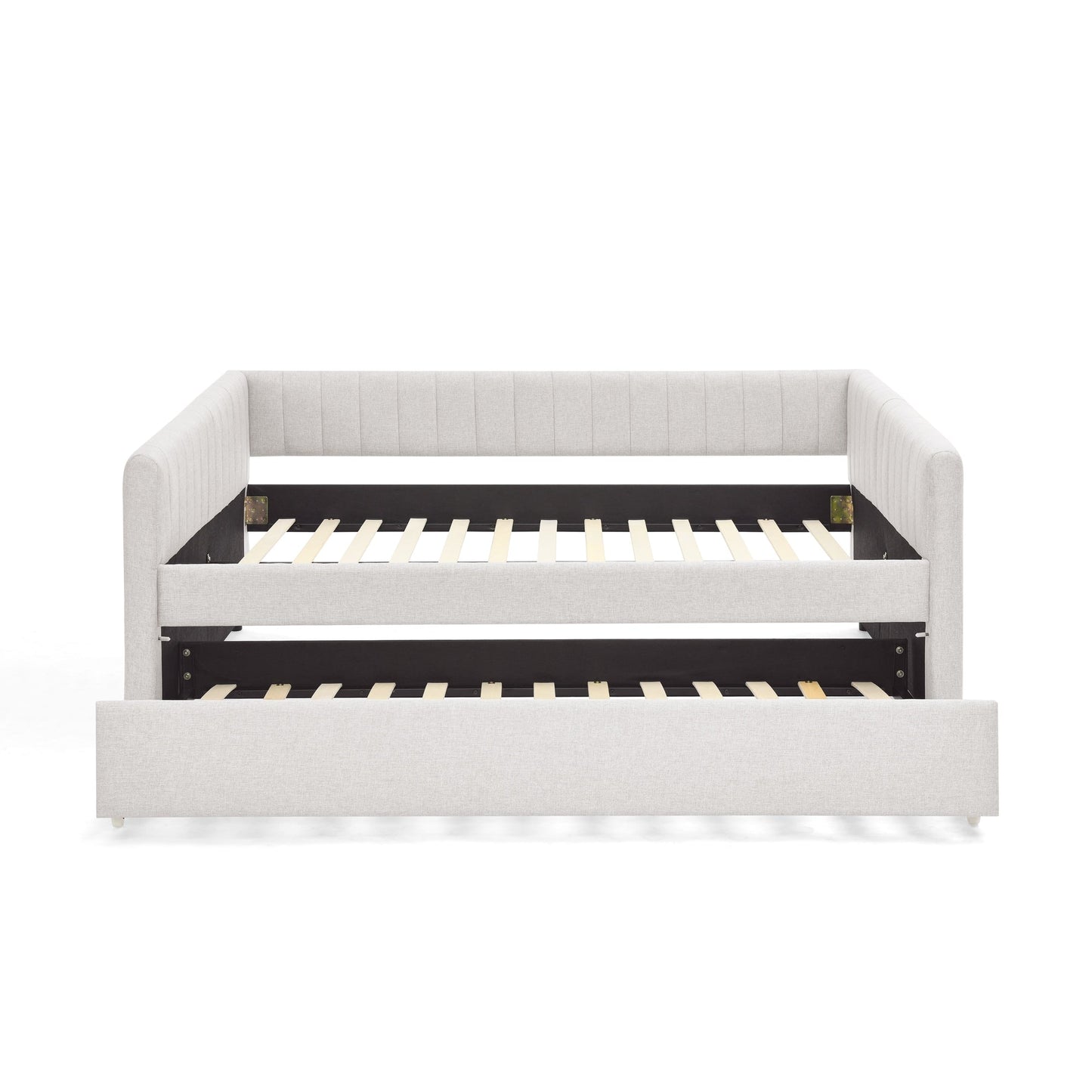 Lit de repos double avec canapé-lit gigogne rembourré, rayures verticales, tissu en lin, beige (82,5 x 58 x 30)