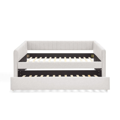 Lit de repos double avec canapé-lit gigogne rembourré, rayures verticales, tissu en lin, beige (82,5 x 58 x 30)