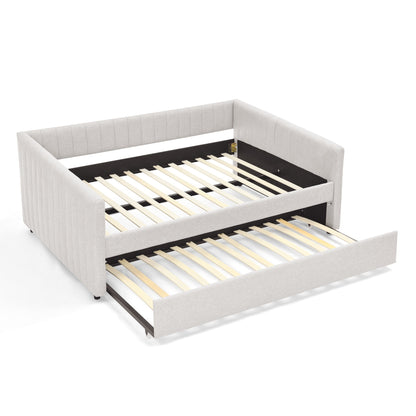 Lit de repos double avec canapé-lit gigogne rembourré, rayures verticales, tissu en lin, beige (82,5 x 58 x 30)