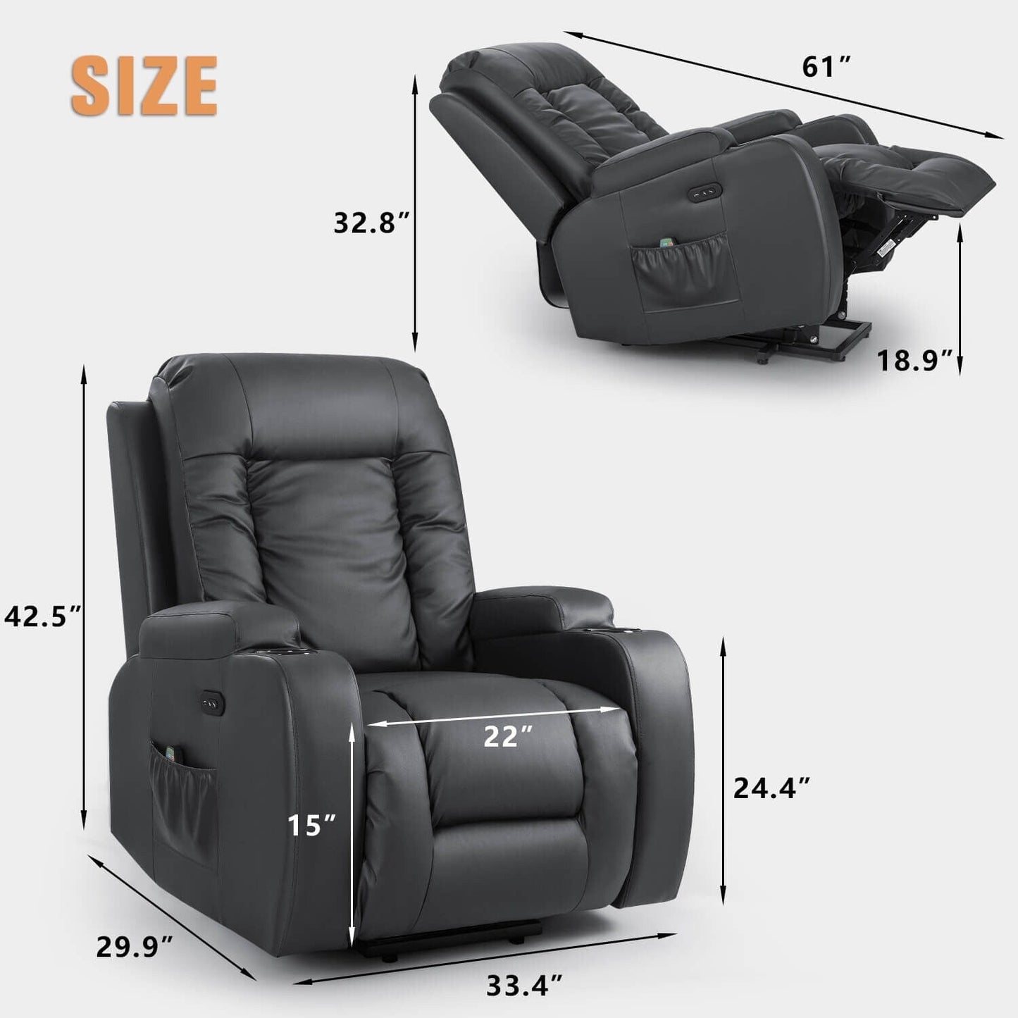 Fauteuil inclinable électrique Furniwell en cuir PU avec port USB