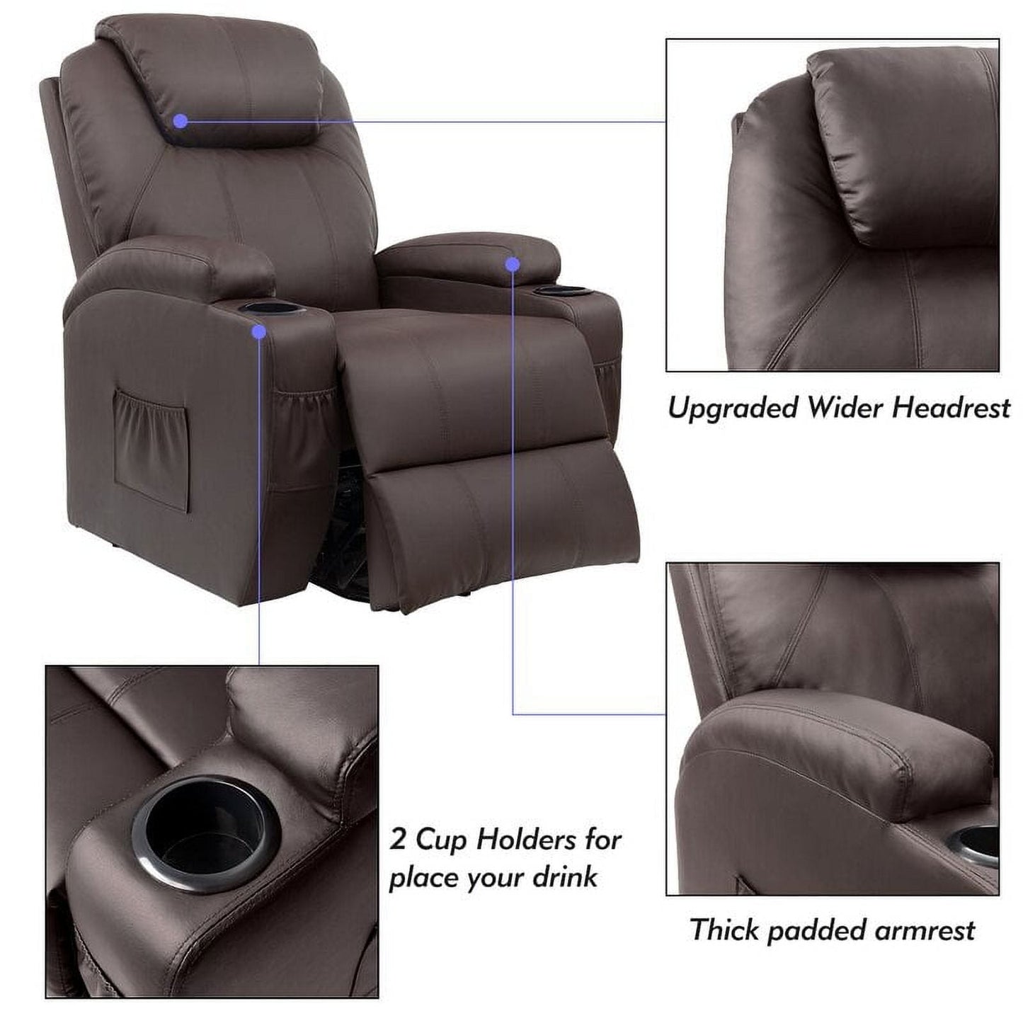 Fauteuil inclinable électrique Furniwell pour personnes âgées avec chauffage, poche latérale, salon