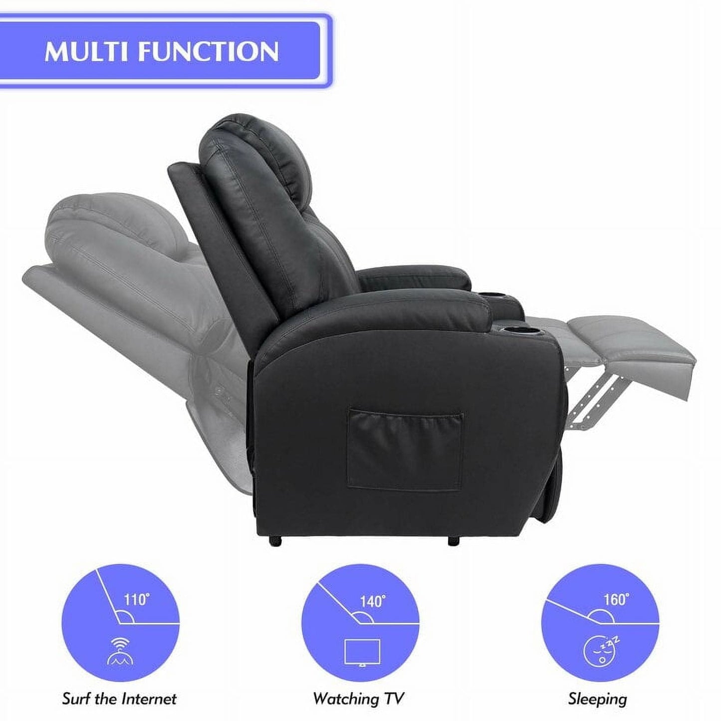 Fauteuil inclinable électrique Furniwell pour personnes âgées avec chauffage, poche latérale, salon