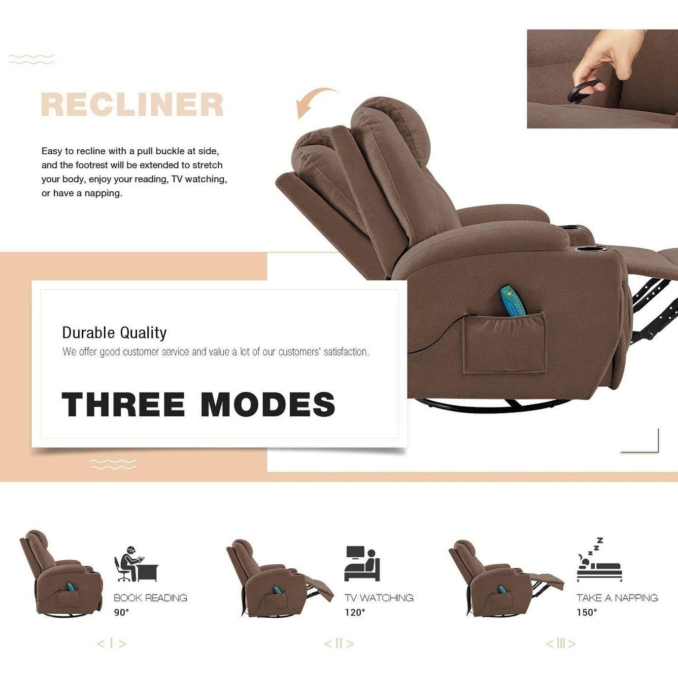 Fauteuil inclinable chauffant et massant rotatif Furniwell en tissu avec fonction tourbillon