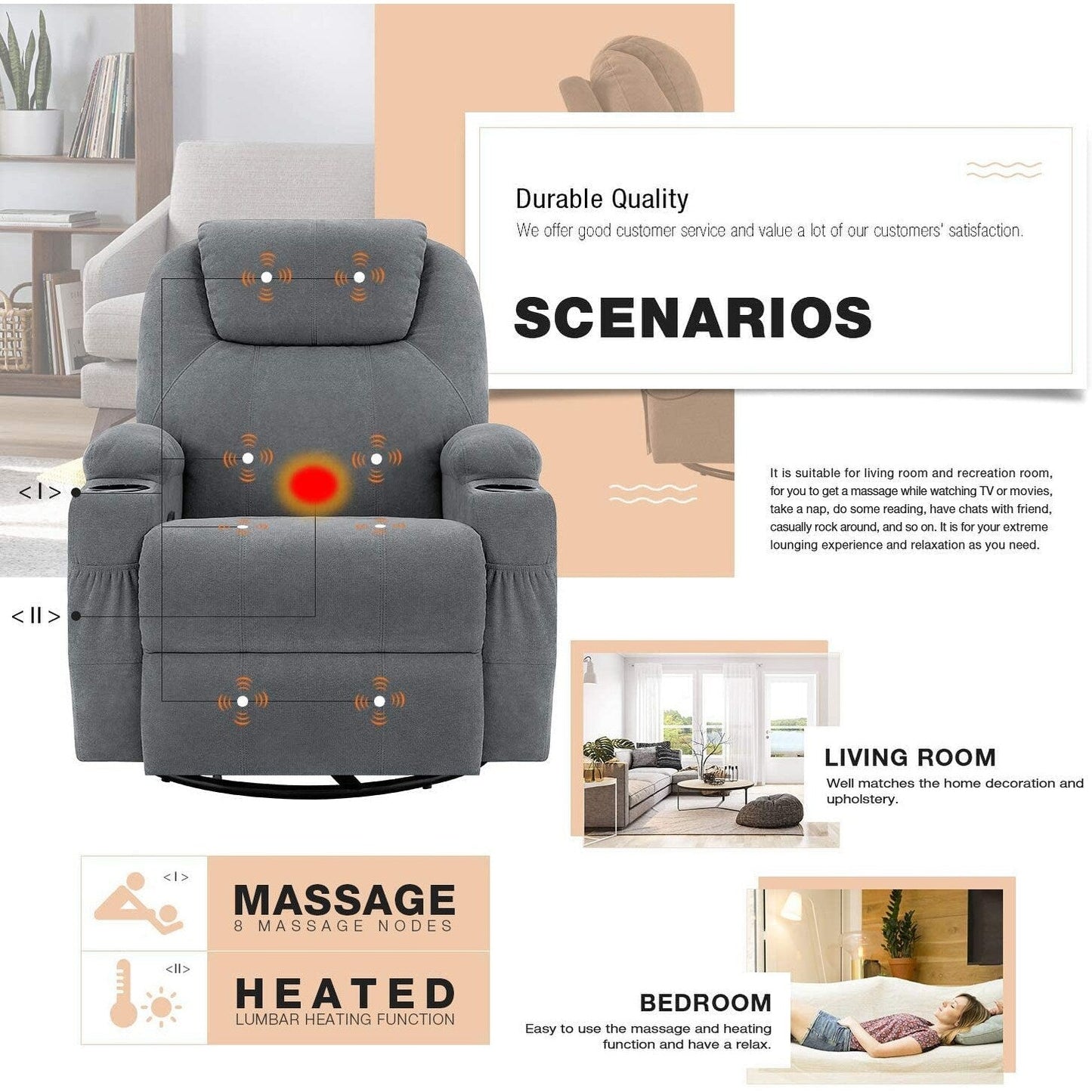 Fauteuil inclinable chauffant et massant rotatif Furniwell en tissu avec fonction tourbillon