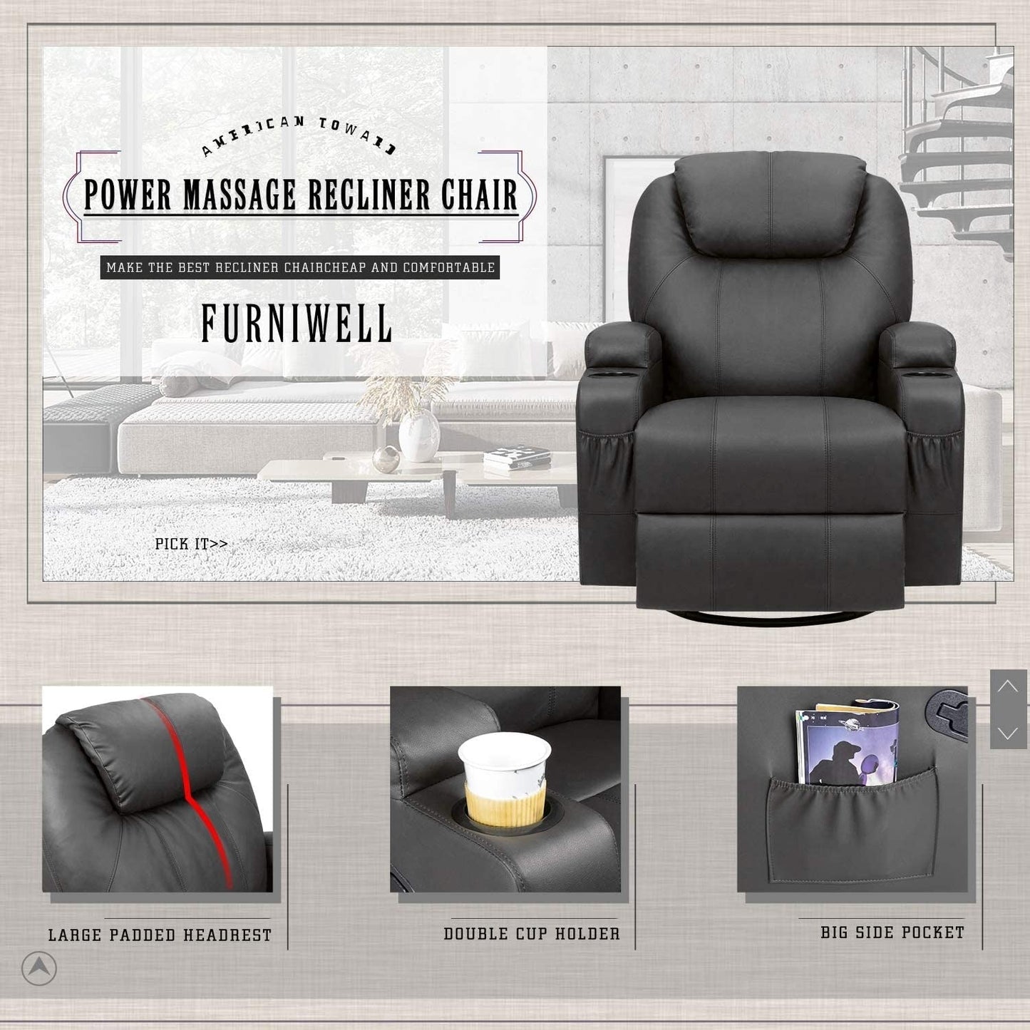 Fauteuil inclinable chauffant et rotatif Furniwell en cuir PU avec fonction tourbillon