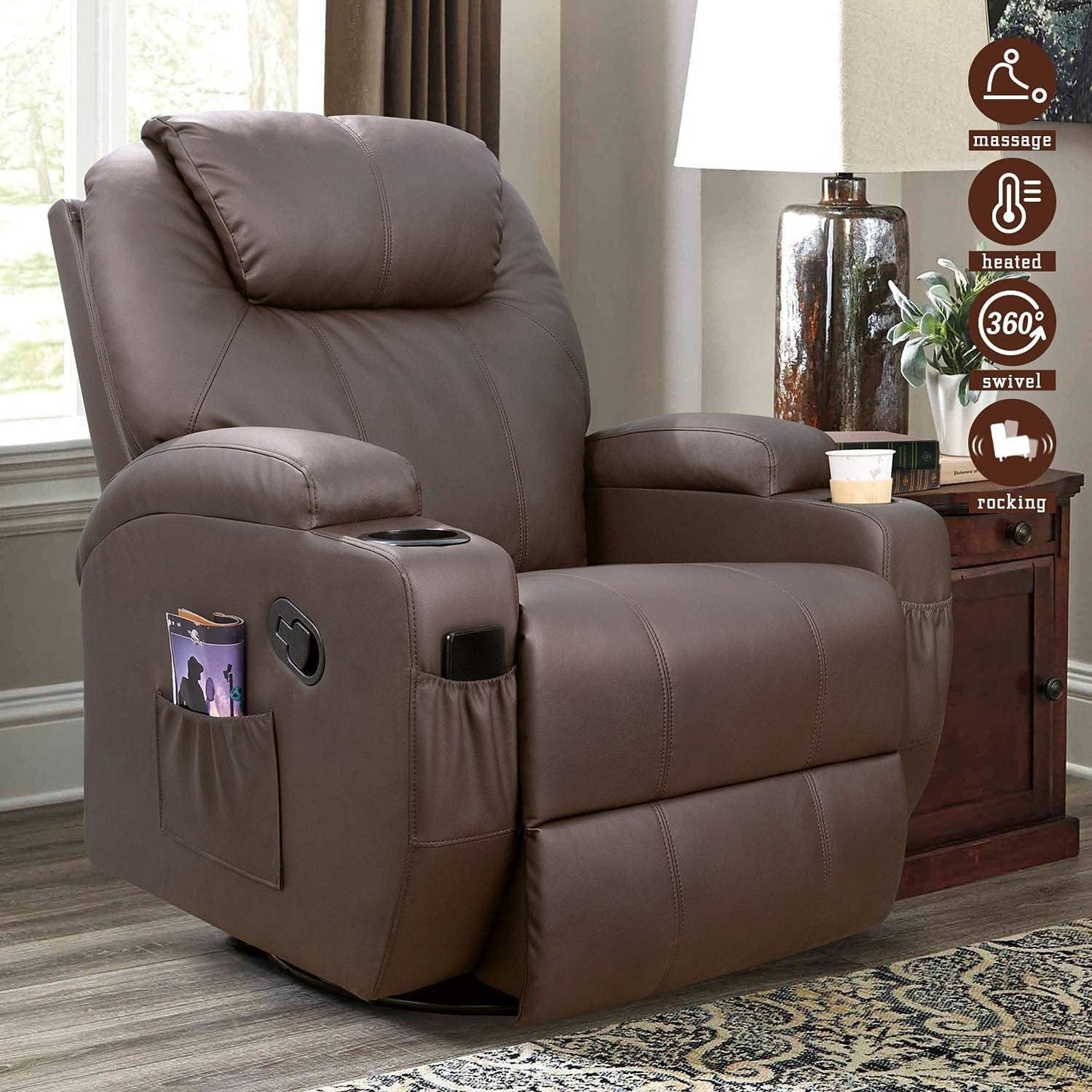 Fauteuil inclinable chauffant et rotatif Furniwell en cuir PU avec fonction tourbillon