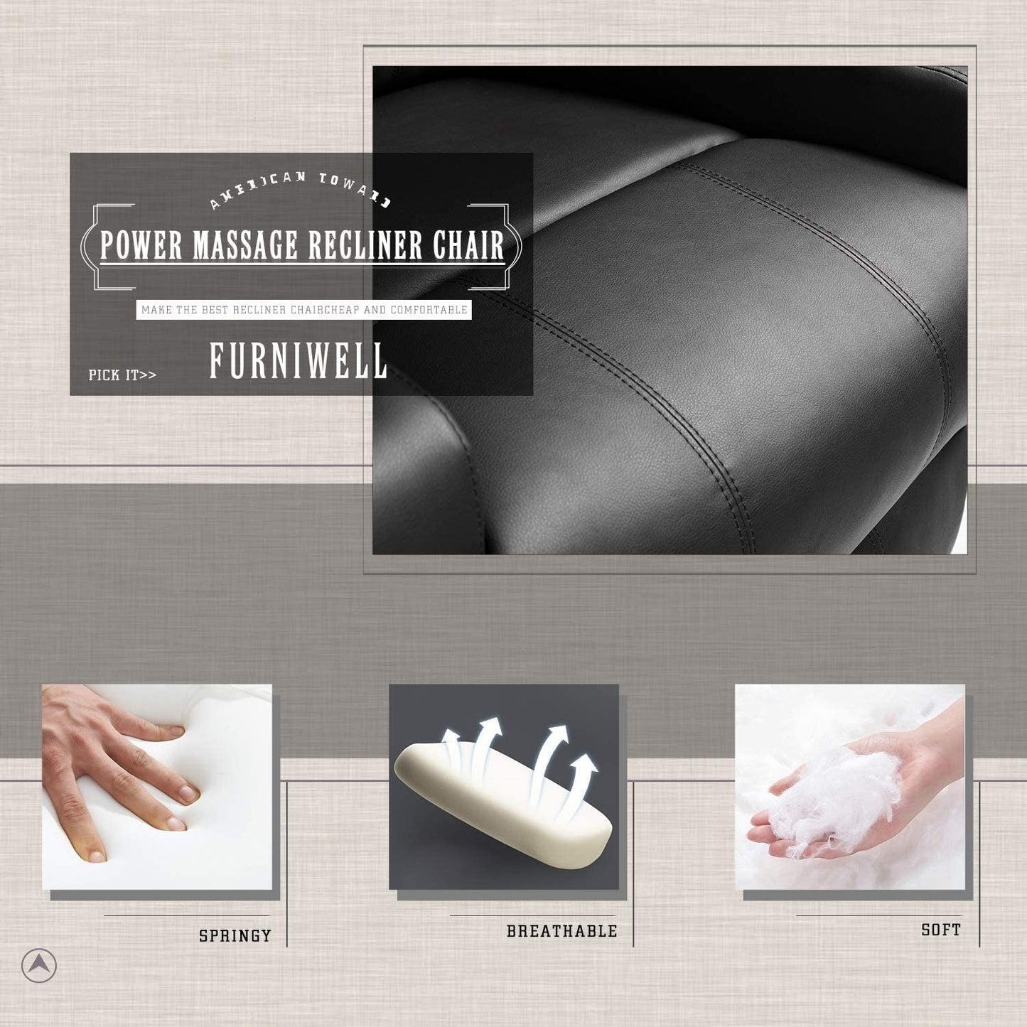 Fauteuil inclinable chauffant et rotatif Furniwell en cuir PU avec fonction tourbillon