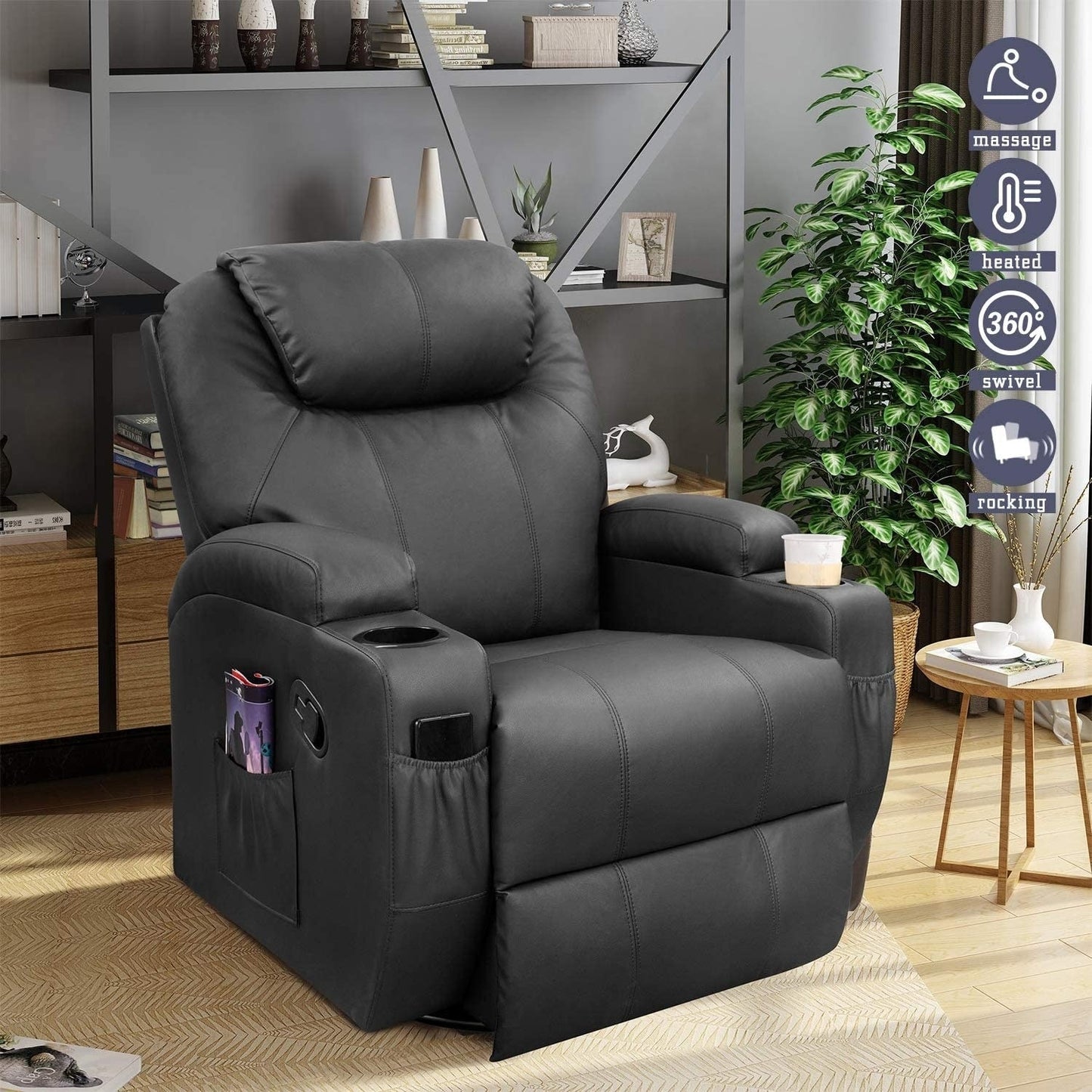 Fauteuil inclinable chauffant et rotatif Furniwell en cuir PU avec fonction tourbillon