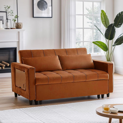 Canapé convertible en velours de 55 pouces, canapé futon 3 en 1 avec lit gigogne, dossier réglable, table d'appoint et 2 coussins lombaires