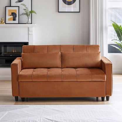 Canapé convertible en velours de 55 pouces, canapé futon 3 en 1 avec lit gigogne, dossier réglable, table d'appoint et 2 coussins lombaires