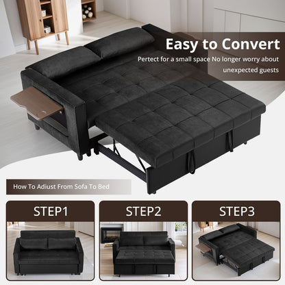 Canapé convertible en velours de 55 pouces, canapé futon 3 en 1 avec lit gigogne, dossier réglable, table d'appoint et 2 coussins lombaires