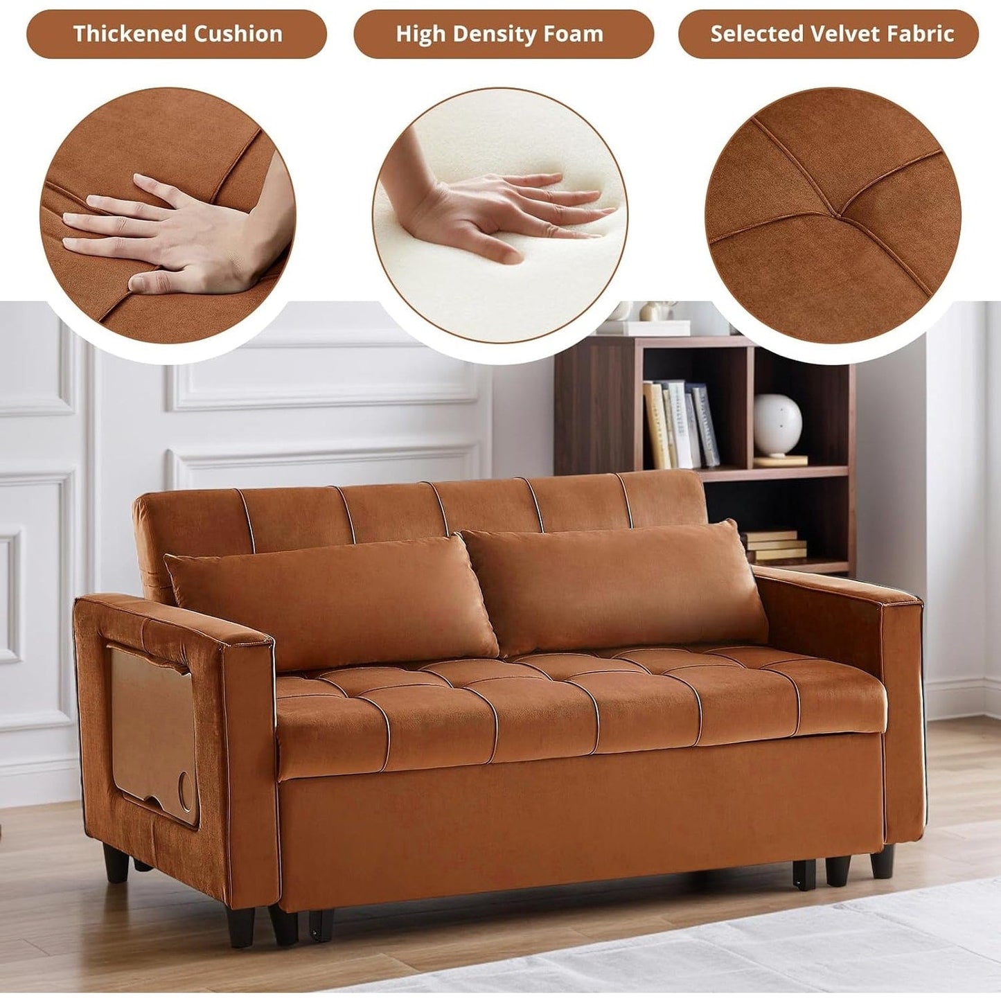 Canapé convertible en velours de 55 pouces, canapé futon 3 en 1 avec lit gigogne, dossier réglable, table d'appoint et 2 coussins lombaires