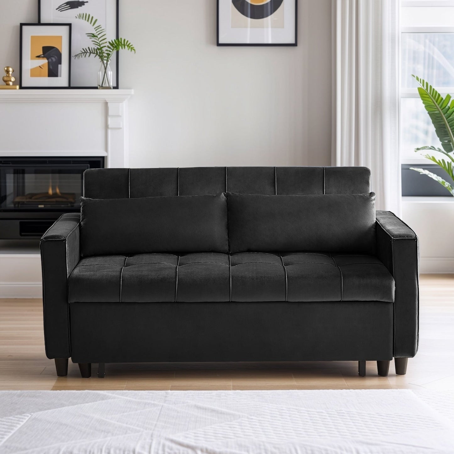 Canapé convertible en velours de 55 pouces, canapé futon 3 en 1 avec lit gigogne, dossier réglable, table d'appoint et 2 coussins lombaires