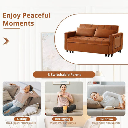 Canapé convertible en velours de 55 pouces, canapé futon 3 en 1 avec lit gigogne, dossier réglable, table d'appoint et 2 coussins lombaires