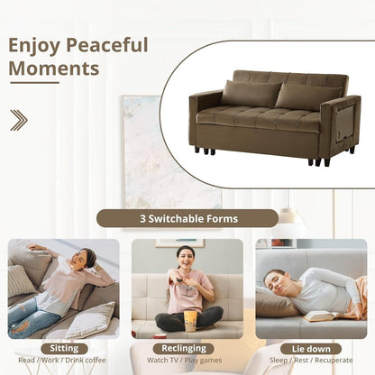 Canapé convertible en velours de 55 pouces, canapé futon 3 en 1 avec lit gigogne, dossier réglable, table d'appoint et 2 coussins lombaires