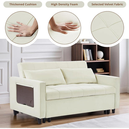 Canapé convertible en velours de 55 pouces, canapé futon 3 en 1 avec lit gigogne, dossier réglable, table d'appoint et 2 coussins lombaires