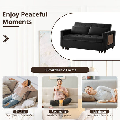 Canapé convertible en velours de 55 pouces, canapé futon 3 en 1 avec lit gigogne, dossier réglable, table d'appoint et 2 coussins lombaires