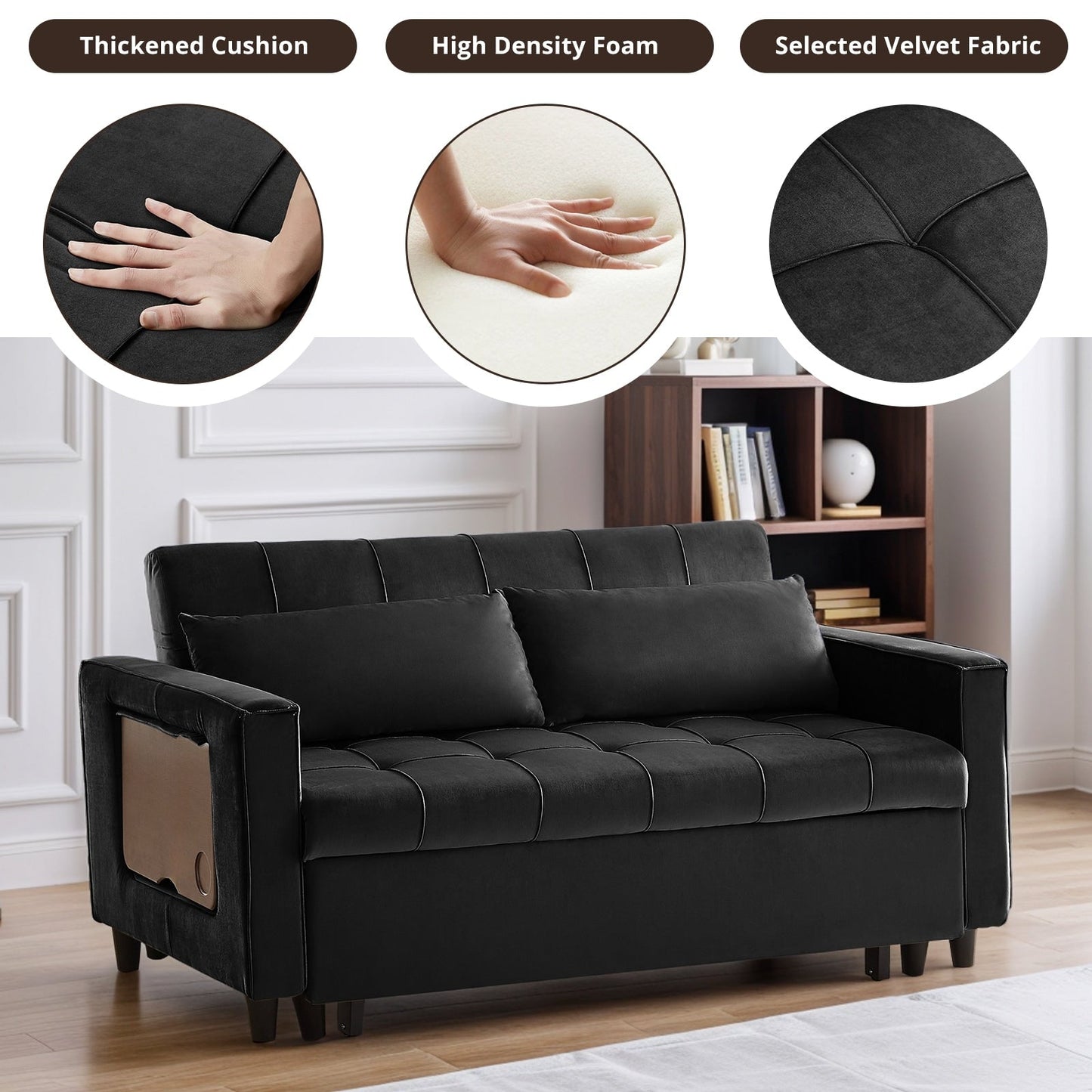 Canapé convertible en velours de 55 pouces, canapé futon 3 en 1 avec lit gigogne, dossier réglable, table d'appoint et 2 coussins lombaires