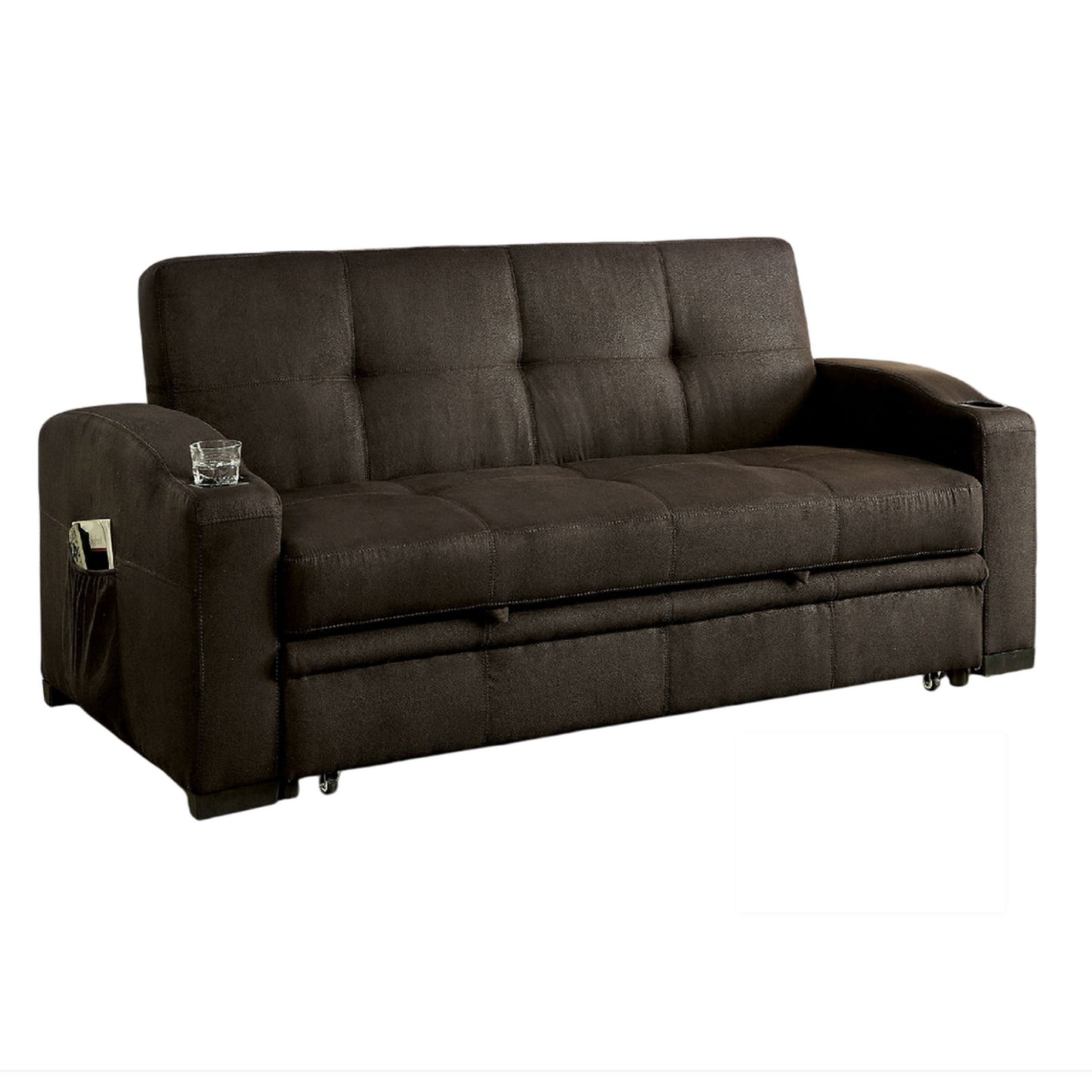 Canapé futon, revêtement en tissu marron, base coulissante, capitonnage à boutons