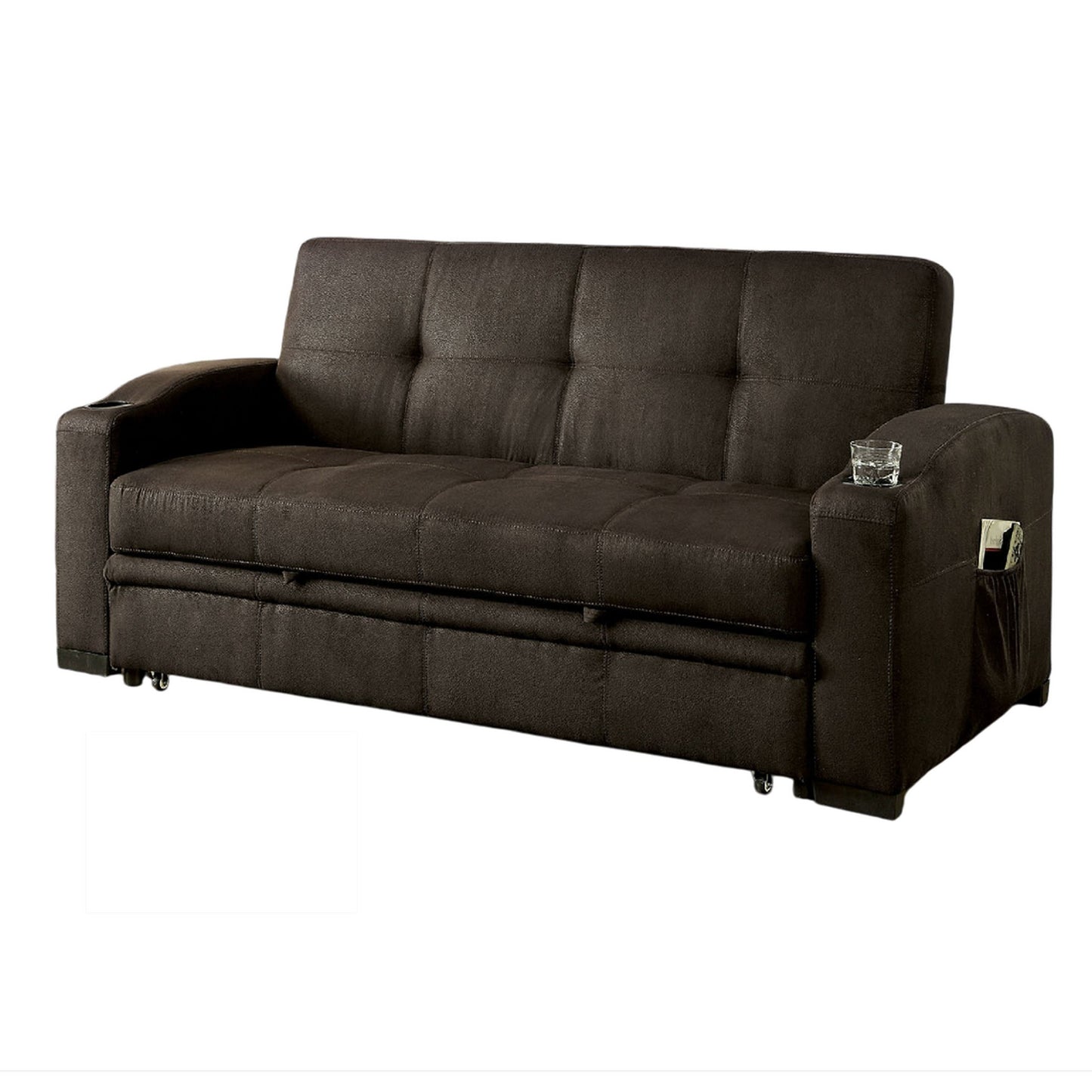 Canapé futon, revêtement en tissu marron, base coulissante, capitonnage à boutons