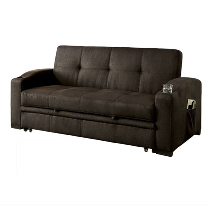 Canapé futon, revêtement en tissu marron, base coulissante, capitonnage à boutons