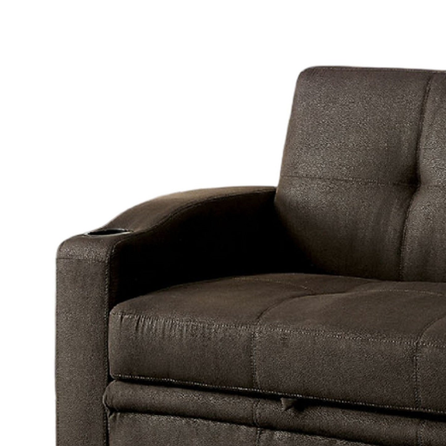 Canapé futon, revêtement en tissu marron, base coulissante, capitonnage à boutons